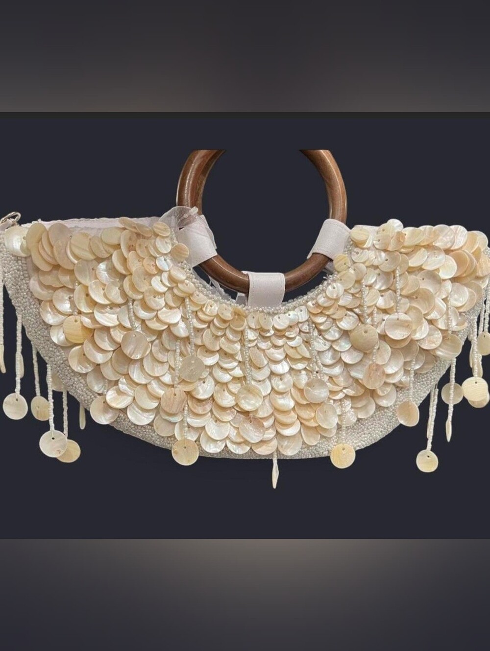 NEW! Cream White Shell Half Moon Wooden Handles Beaded Bag Made in India - Picture 2 of 5